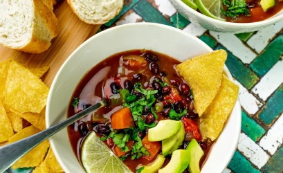 Black Bean Soup with Avocado & Tortilla chips