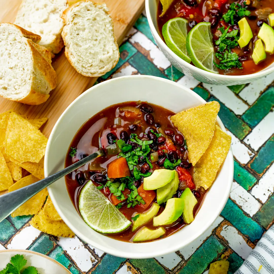 Black Bean Soup with Avocado & Tortilla chips