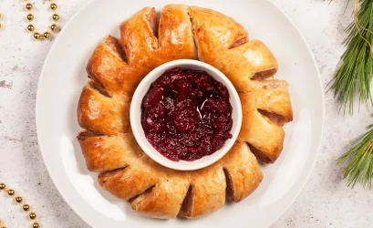 Turkey, Stuffing & Cranberry Rolls in wreath with cranberry sauce